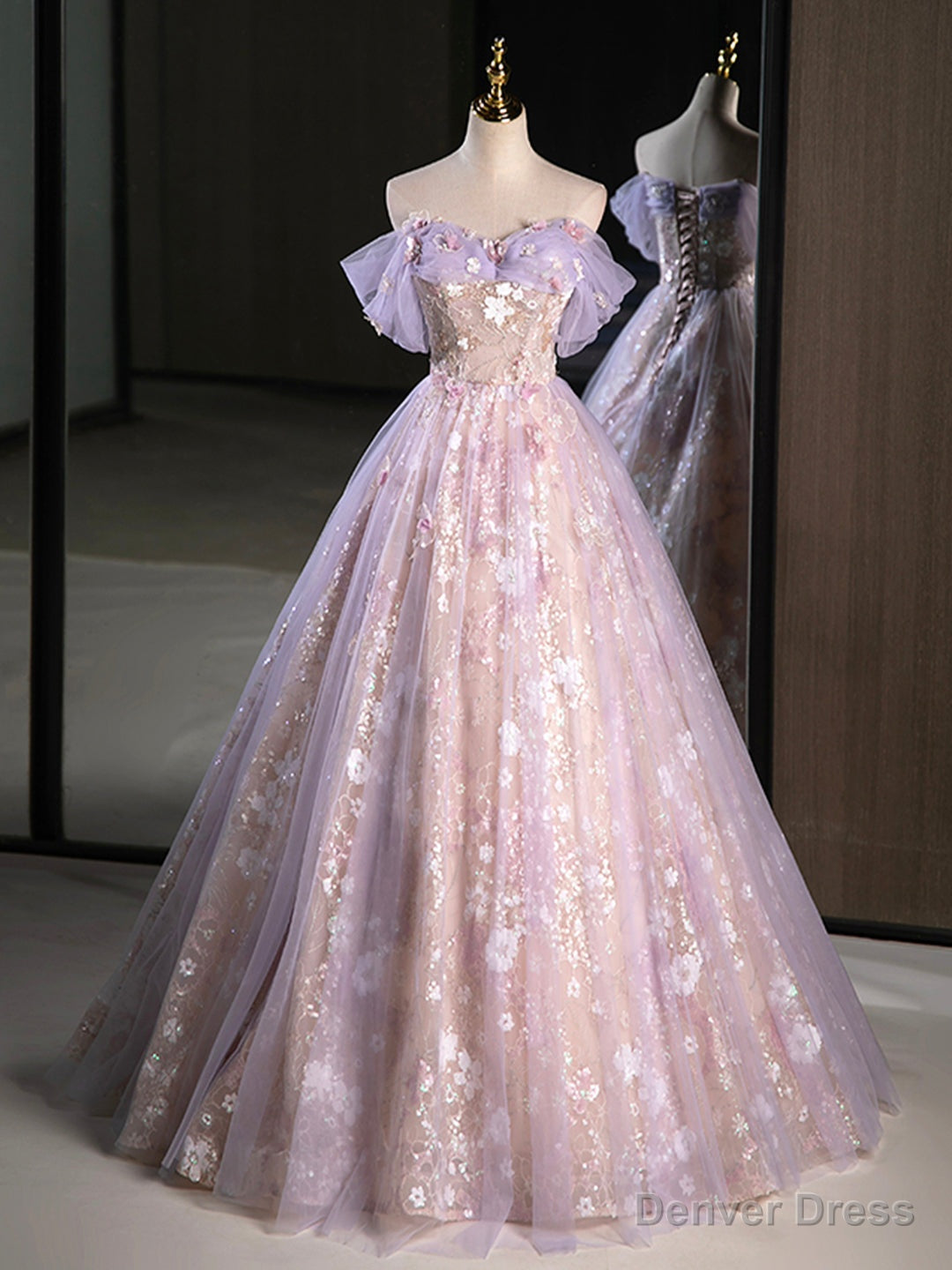 Purple A-Line Off the Shoulder Sequins Prom Dress, Lovely Tulle Corset Floor Length Evening Dress Main image