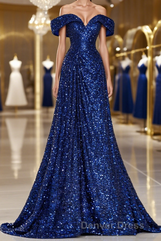 A-Line Evening Gown Elegant Dresses Formal Wedding Guest Sweep / Brush Train Sleeveless Off Shoulder Sequined with Glitter Sequin Masquerade Dresses