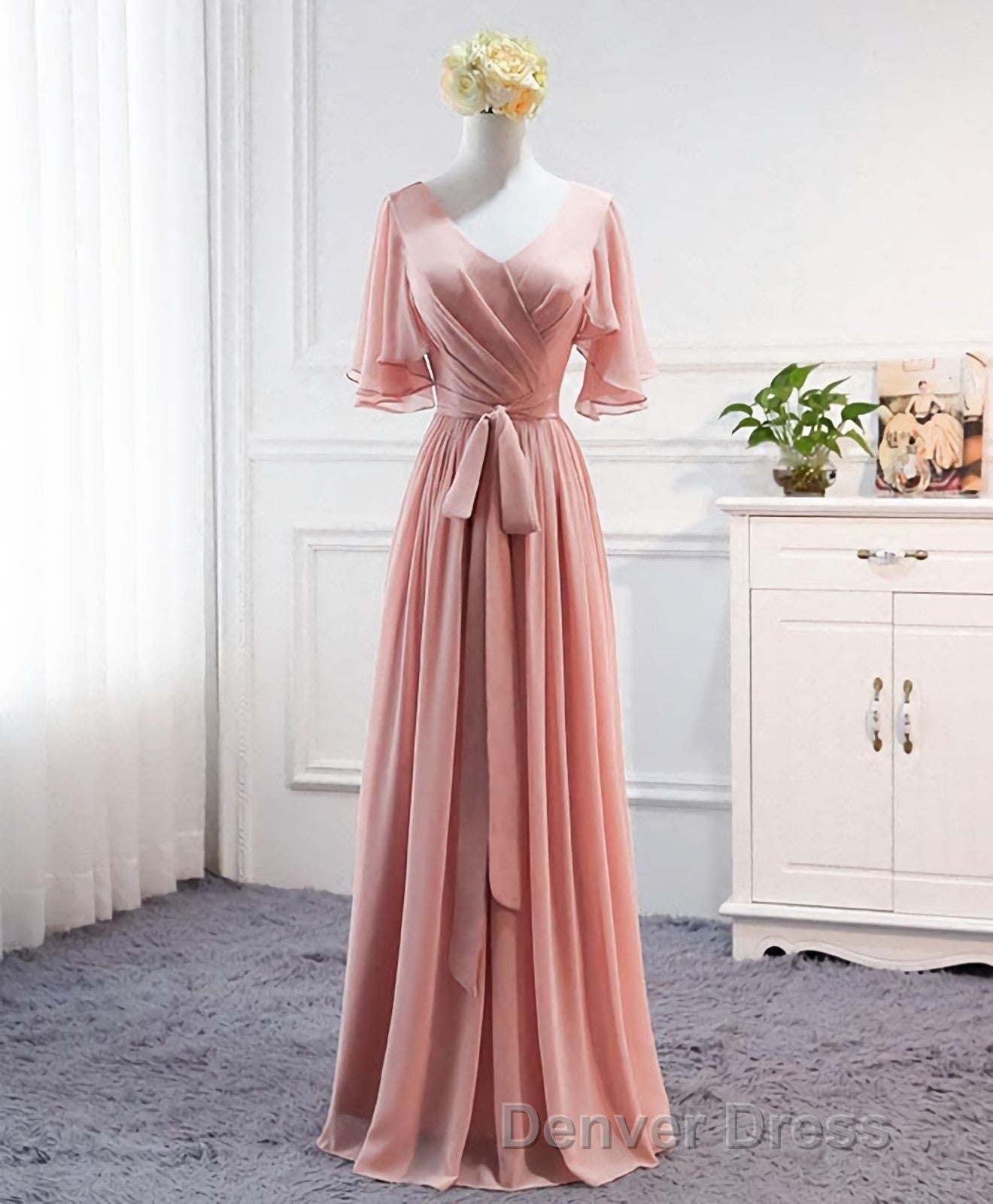 Simple V Neck Chiffon Long Prom Dresses, Bridesmaid Dresses Secondary image