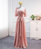 Simple V Neck Chiffon Long Prom Dresses, Bridesmaid Dresses