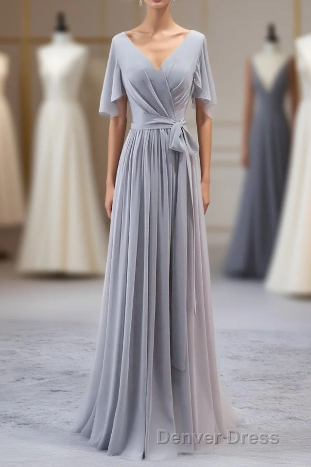Simple V Neck Chiffon Long Prom Dresses, Bridesmaid Dresses Main image