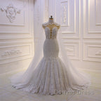Luxurious 3D Lace Applique High Neck Tulle Mermaid Wedding Dresses