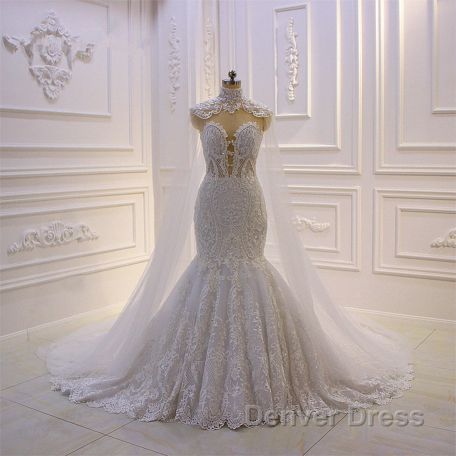 Luxurious 3D Lace Applique High Neck Tulle Mermaid Wedding Dresses