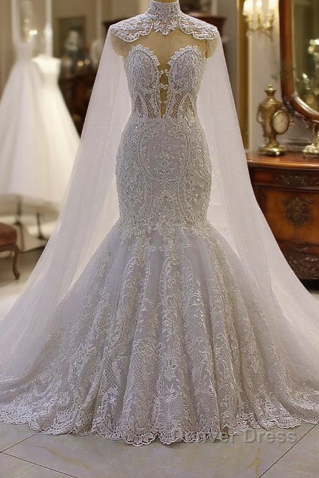 Luxurious 3D Lace Applique High Neck Tulle Mermaid Wedding Dresses Main image