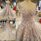 Luxurious 3D Lace Flowers Light Blue Satin Ball Gowns Wedding Dresses