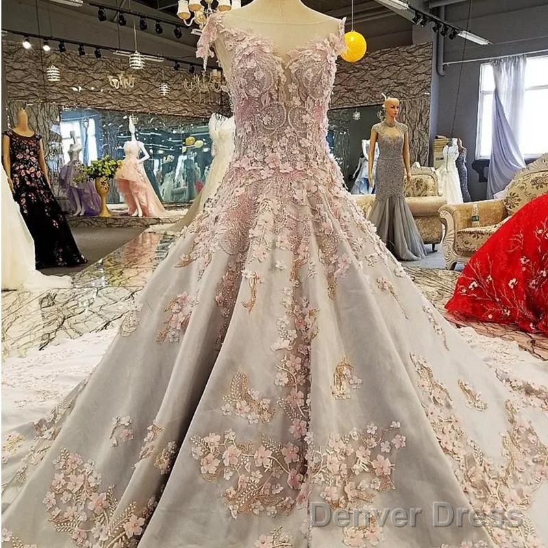 Luxurious 3D Lace Flowers Light Blue Satin Ball Gown Wedding Dresses Main image