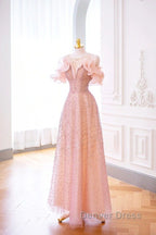 Luxurious A Line Off The Shoulder Pink Tulle Long Prom Dresses