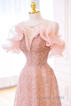 Luxurious A Line Off The Shoulder Pink Tulle Long Prom Dresses