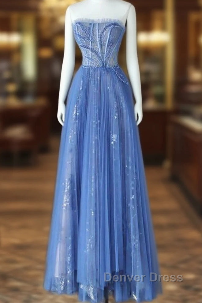 Luxurious A Line Strapless Blue Long Prom Dresses Main image
