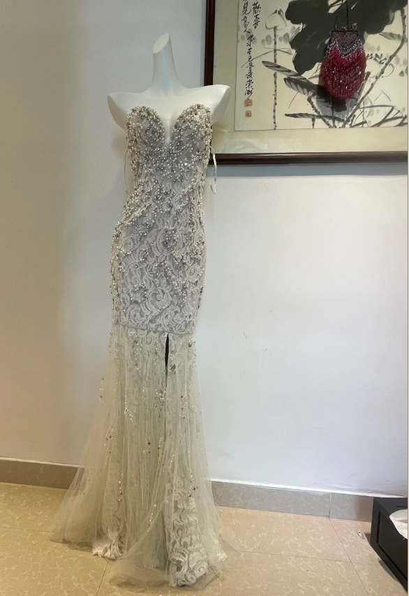 Luxurious And Elegant Sweetheart Neckline Pearl Rhinestone Lace Mermaid Long Prom Dresses Evening Dresses