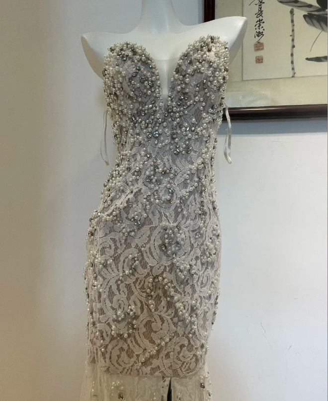 Luxurious And Elegant Sweetheart Neckline Pearl Rhinestone Lace Mermaid Long Prom Dresses Evening Dresses