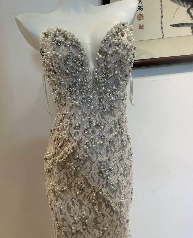 Luxurious And Elegant Sweetheart Neckline Pearl Rhinestone Lace Mermaid Long Prom Dresses Evening Dresses