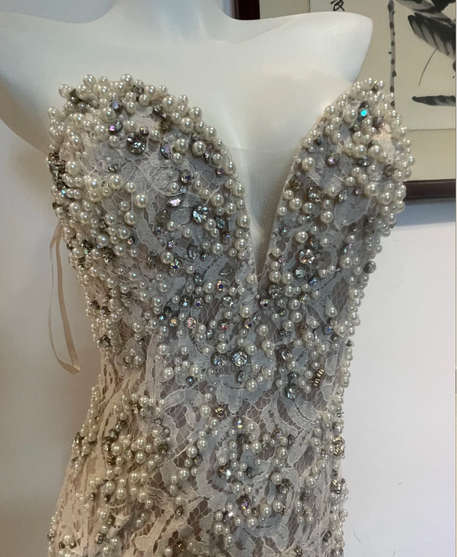 Luxurious And Elegant Sweetheart Neckline Pearl Rhinestone Lace Mermaid Long Prom Dresses Evening Dresses