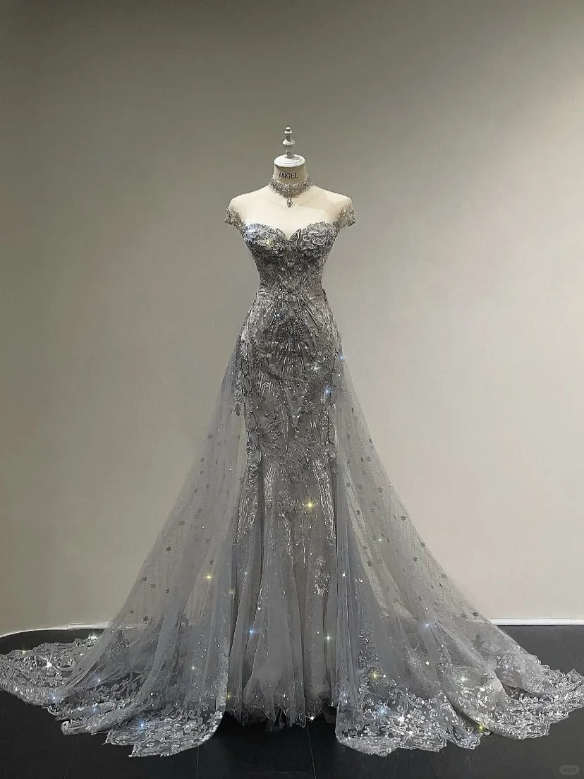 Luxurious And Sparkling Silver Mermaid Off-Shoulder Beaded Train Wedding Dresses Secondary image
