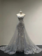 Luxurious And Sparkling Silver Mermaid Off-Shoulder Beaded Train Wedding Dresses