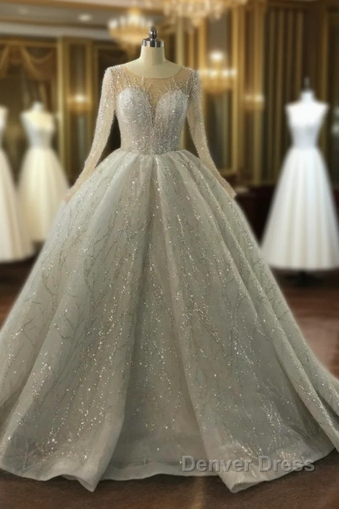 Luxurious Ball Gown Long Sleeves Crystal Beading Wedding Dresses A line Classic Main image