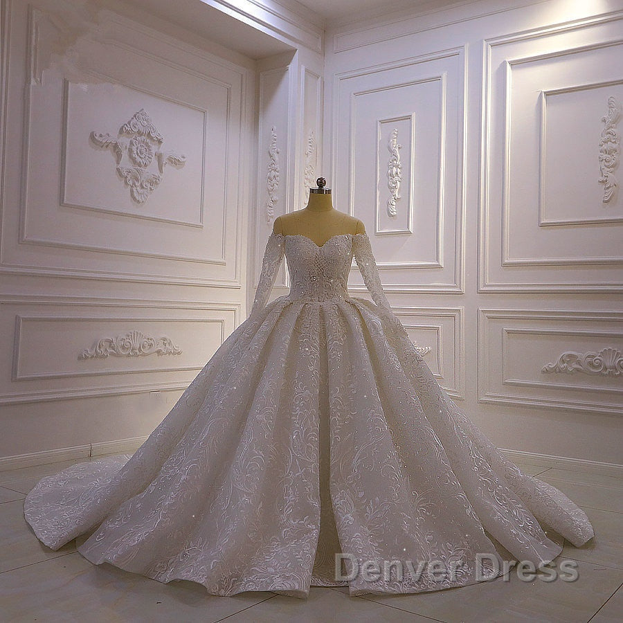 Luxurious Ball Gowns Long Sleevess 3D Lace Sweetheart Long Wedding Dresses