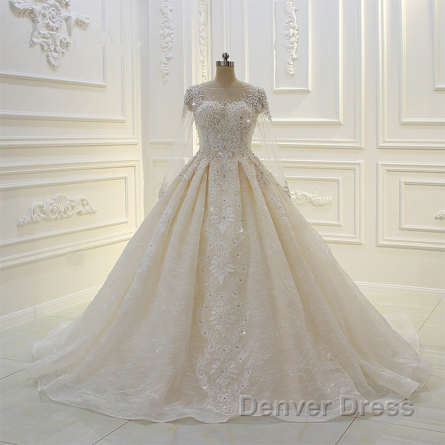 Luxurious Ball Gown Long Sleevess Lace Applqiues Beadings Wedding Dresses