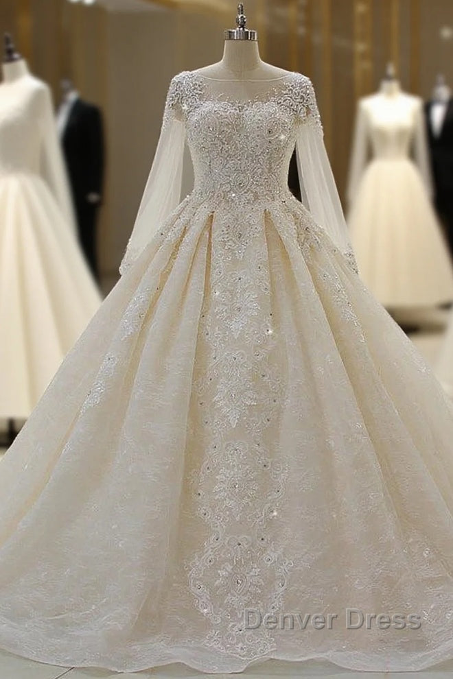 Luxurious Ball Gown Long Sleevess Lace Applqiues Beadings Wedding Dresses Main image