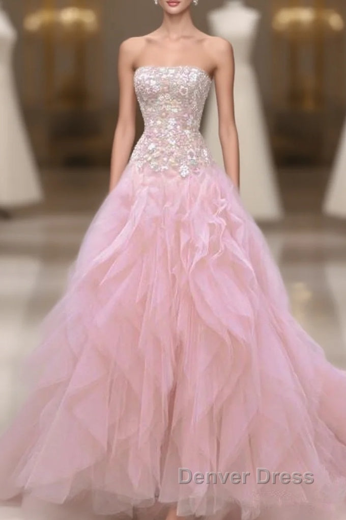 Luxurious Ball Gown Strapless Pink Tulle Long Prom Dresses