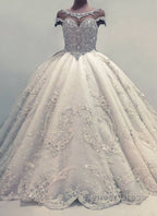 Luxurious Ball Gowns Wedding Dresses Shiny Crystals Bridal Gown with Flowers