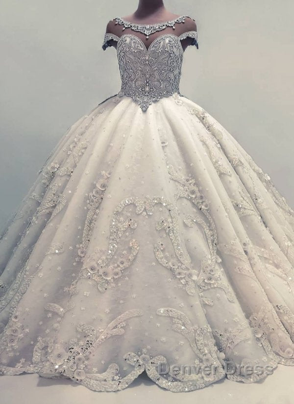 Luxurious Ball Gowns Wedding Dresses Shiny Crystals Bridal Gown with Flowers