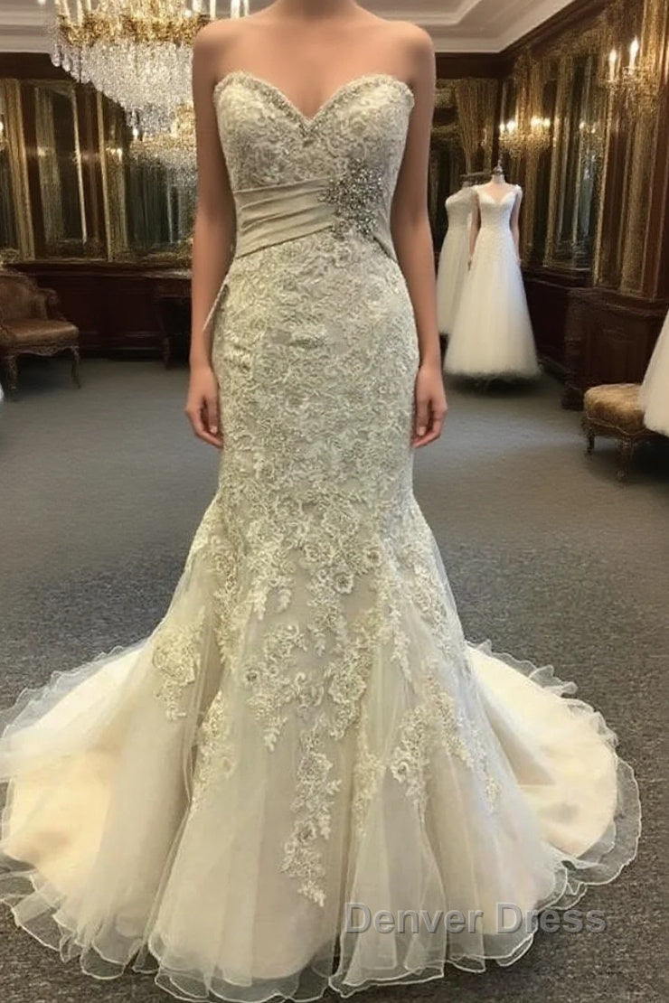 Luxurious Beaded Sweetheart Mermaid Court Train Wedding Dresses Lace Embroidery Main image