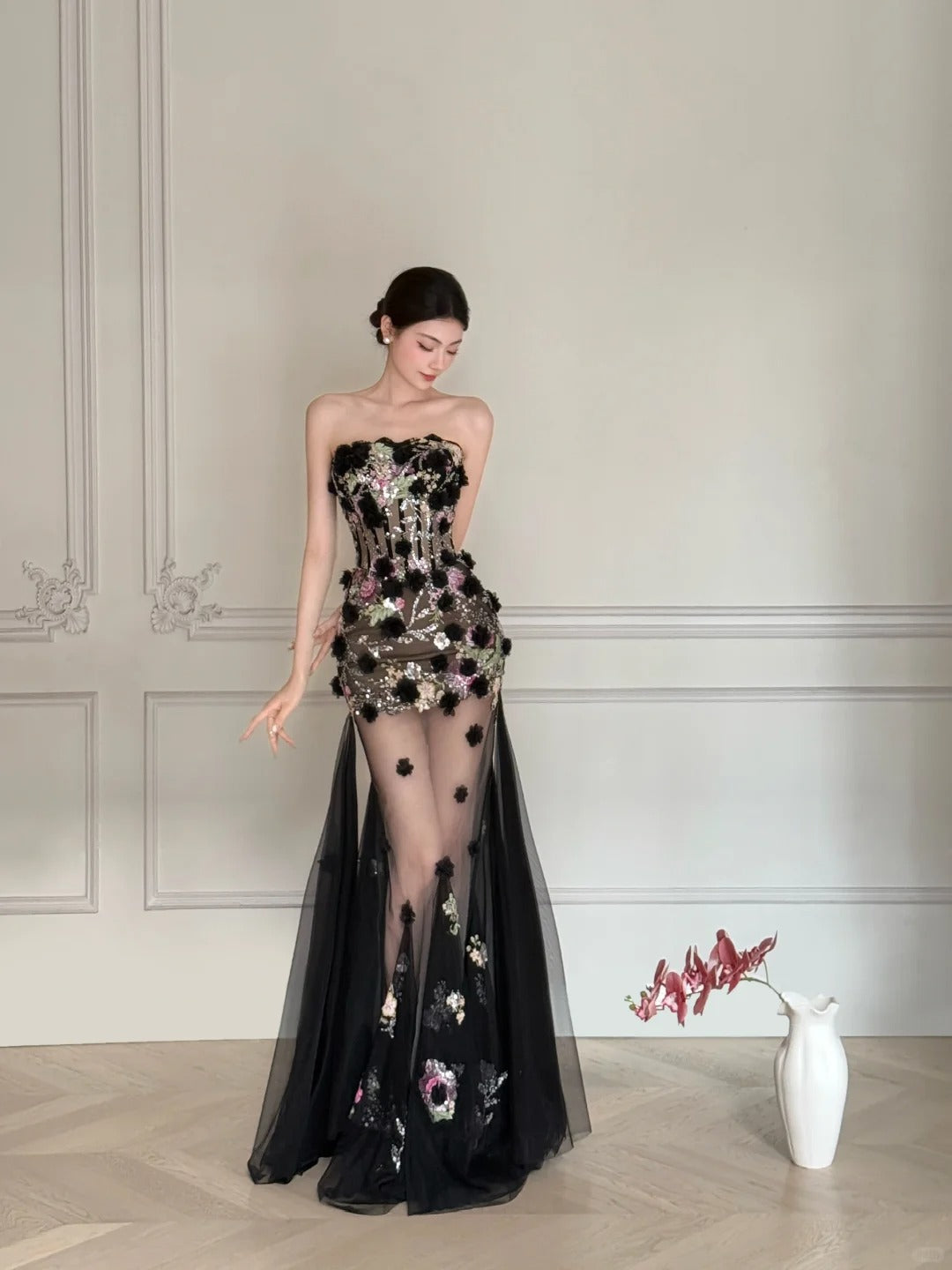 Luxurious Black A-Line 3D Floral Sequin Strapless Tulle Long Prom Dresses Evening Dresses