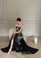 Luxurious Black A-Line 3D Floral Sequin Strapless Tulle Long Prom Dresses Evening Dresses
