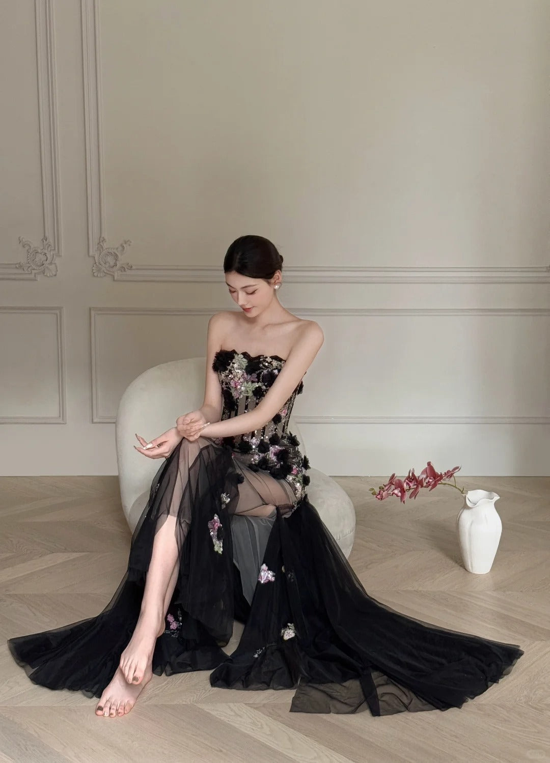 Luxurious Black A-Line 3D Floral Sequin Strapless Tulle Long Prom Dresses Evening Dresses