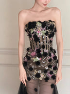 Luxurious Black A-Line 3D Floral Sequin Strapless Tulle Long Prom Dresses Evening Dresses
