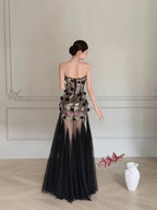 Luxurious Black A-Line 3D Floral Sequin Strapless Tulle Long Prom Dresses Evening Dresses