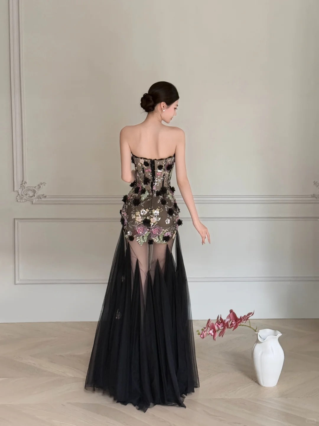 Luxurious Black A-Line 3D Floral Sequin Strapless Tulle Long Prom Dresses Evening Dresses