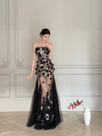 Luxurious Black A-Line 3D Floral Sequin Strapless Tulle Long Prom Dresses Evening Dresses