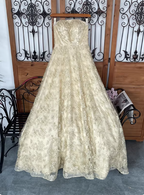 Luxurious Champagne Gold A-Line Strapless Embroidered Lace Tulle Long Prom Dresses Evening Dresses