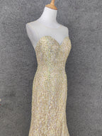 Luxurious Champagne Gold Crew Neck Rhinestone Lace Train Prom Dresses Evening Dresses