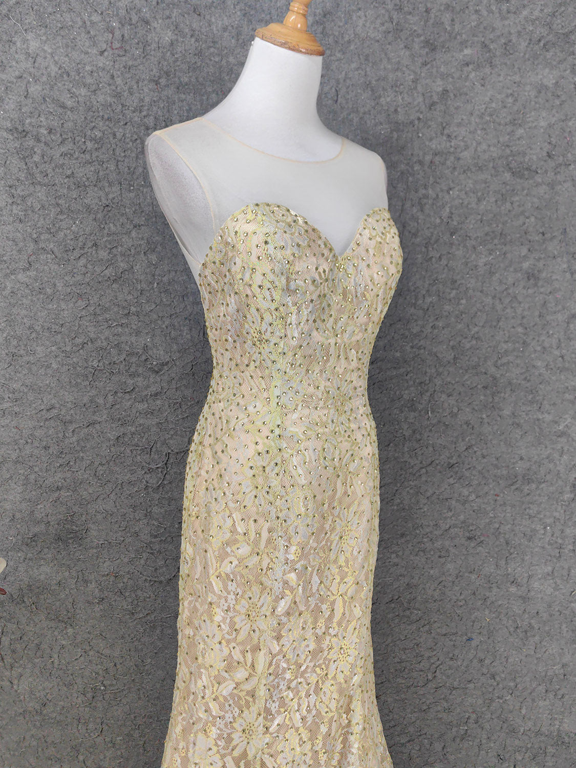 Luxurious Champagne Gold Crew Neck Rhinestone Lace Train Prom Dresses Evening Dresses