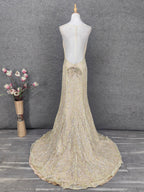 Luxurious Champagne Gold Crew Neck Rhinestone Lace Train Prom Dresses Evening Dresses