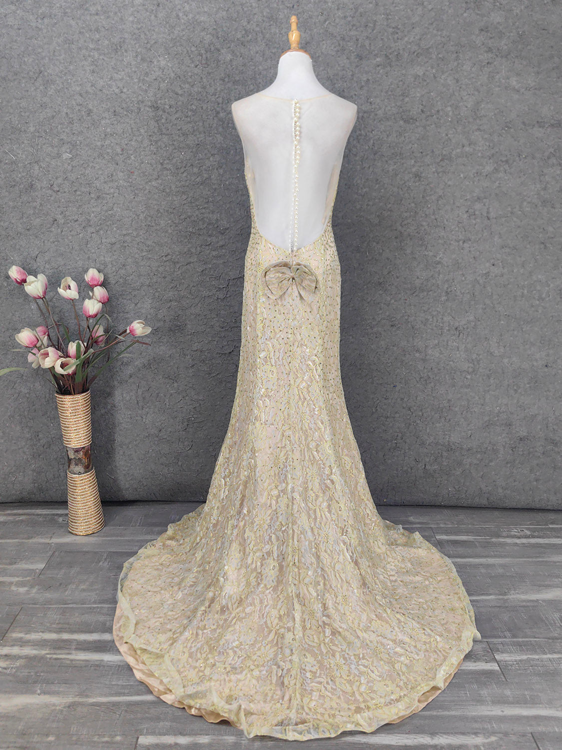 Luxurious Champagne Gold Crew Neck Rhinestone Lace Train Prom Dresses Evening Dresses