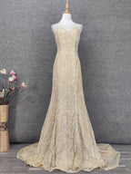Luxurious Champagne Gold Crew Neck Rhinestone Lace Train Prom Dresses Evening Dresses