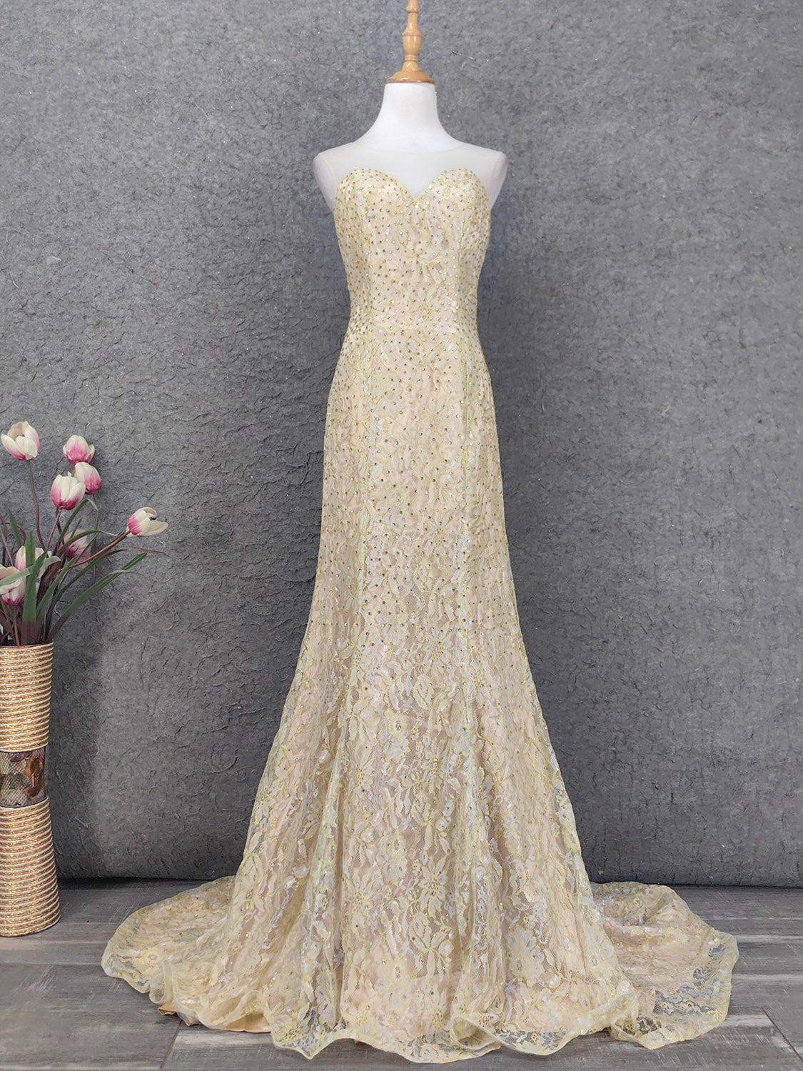 Luxurious Champagne Gold Crew Neck Rhinestone Lace Train Prom Dresses Evening Dresses