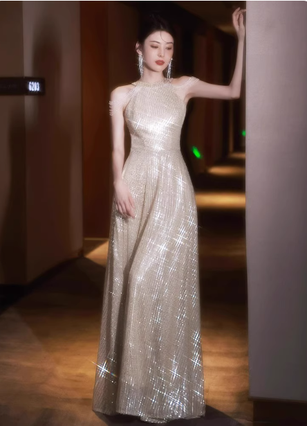 Luxurious Champagne Gold Halter Cold Shoulder Sequined Long Prom Dresses Evening Dresses Secondary image