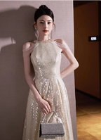 Luxurious Champagne Gold Halter Cold Shoulder Sequined Long Prom Dresses Evening Dresses