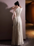 Luxurious Champagne Gold Halter Cold Shoulder Sequined Long Prom Dresses Evening Dresses
