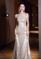 Luxurious Champagne Gold Halter Cold Shoulder Sequined Long Prom Dresses Evening Dresses