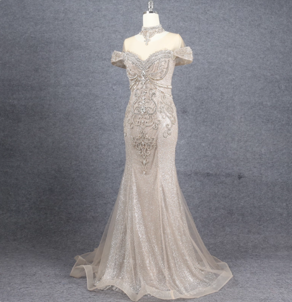 Luxurious Champagne Gold Mermaid Off-The-Shoulder Beaded Tulle Long Prom Dresses Evening Dresses Secondary image