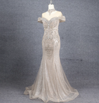 Luxurious Champagne Gold Mermaid Off-The-Shoulder Beaded Tulle Long Prom Dresses Evening Dresses
