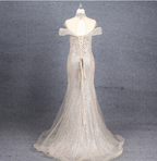 Luxurious Champagne Gold Mermaid Off-The-Shoulder Beaded Tulle Long Prom Dresses Evening Dresses