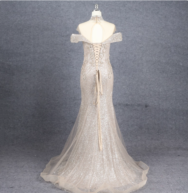 Luxurious Champagne Gold Mermaid Off-The-Shoulder Beaded Tulle Long Prom Dresses Evening Dresses