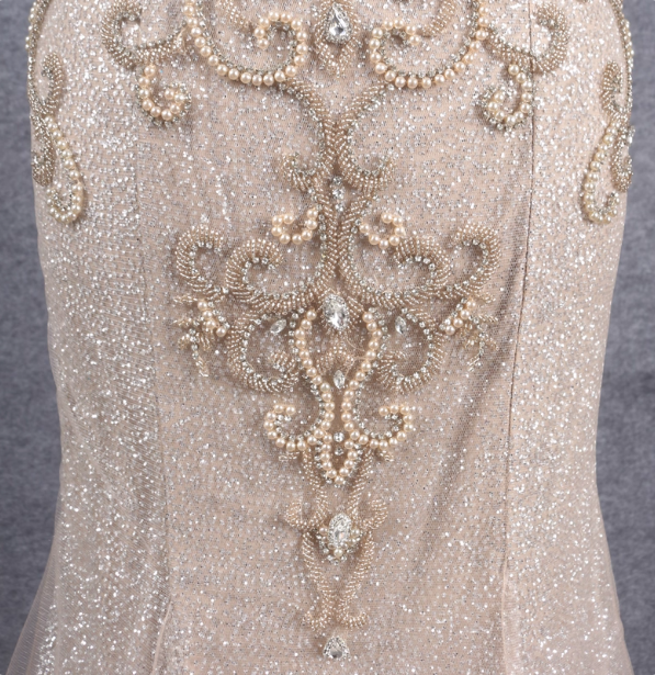 Luxurious Champagne Gold Mermaid Off-The-Shoulder Beaded Tulle Long Prom Dresses Evening Dresses